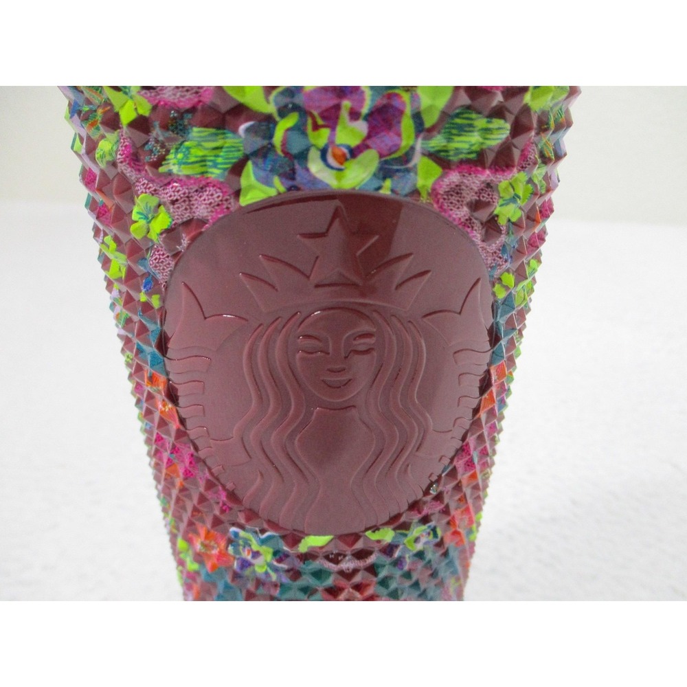 Starbucks Studded Floral Cold Cup Tumbler 24oz Reusable‎ With Straw Burgundy - Picture 3 of 6